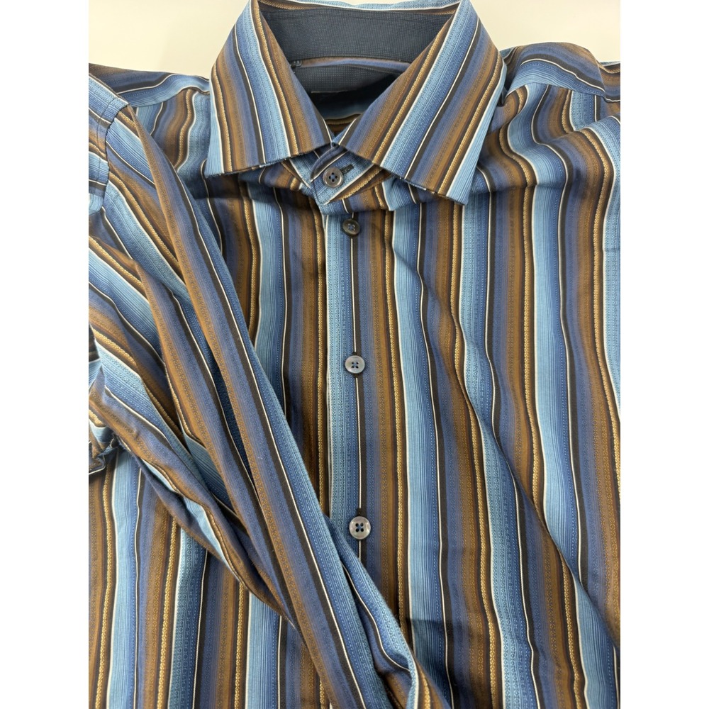 7 Diamonds Mens Long Sleeve Striped Button Down Shirt Blue Brown Cotton Size M